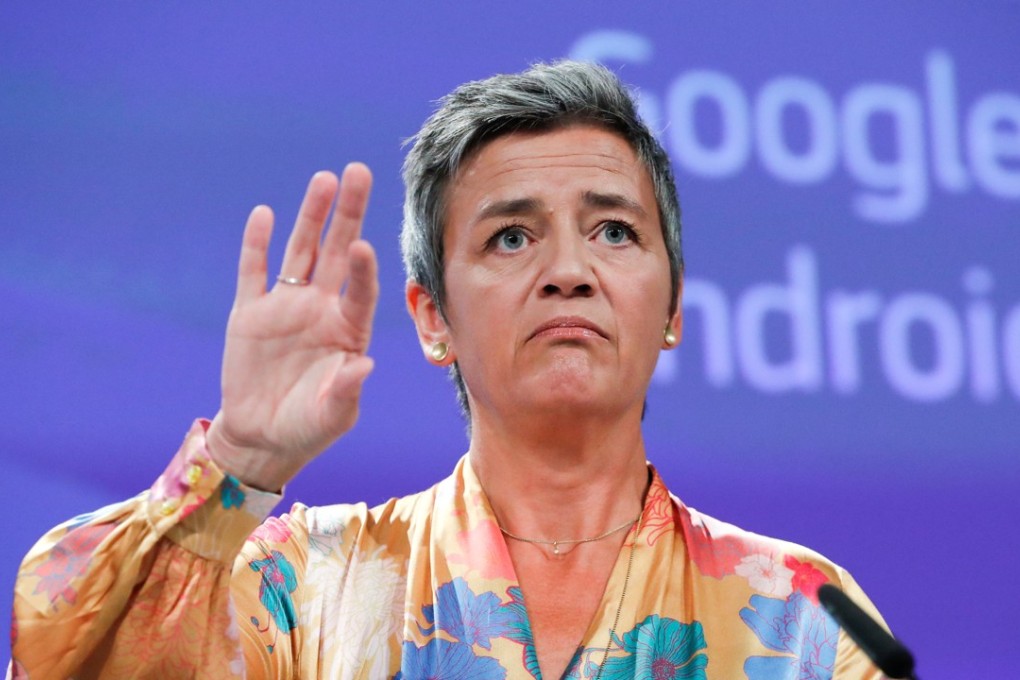 European Union Competition Commissioner Margrethe Vestager addresses a news conference last week in Brussels, Belgium, about the EU’s decision to impose a record US$5 billion fine against Google. Photo: Reuters