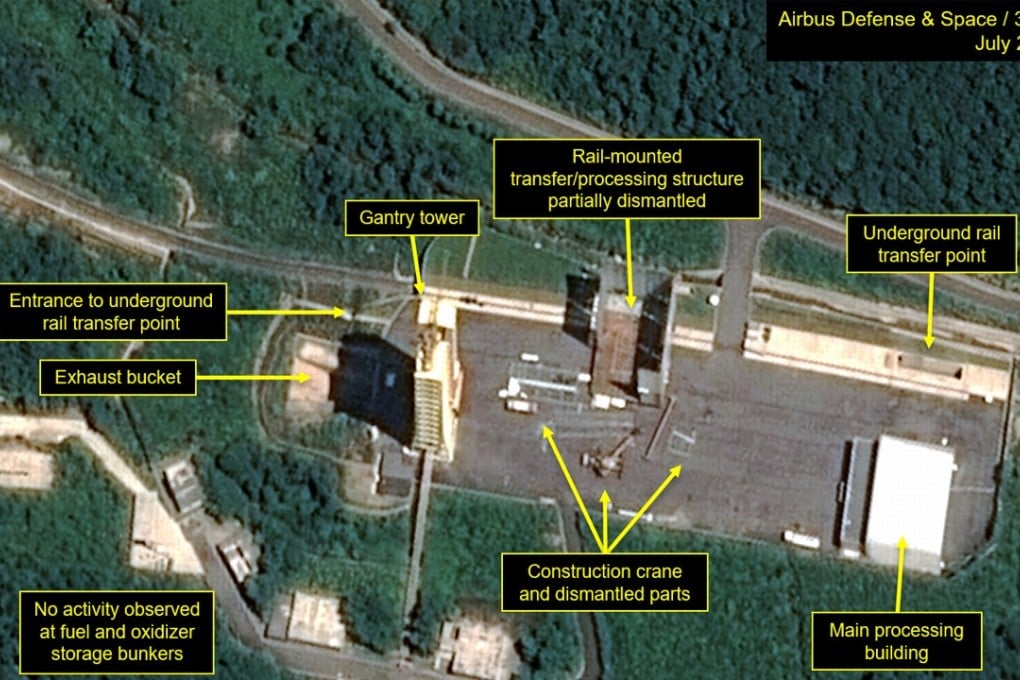 A satellite image courtesy Airbus Defence and Space and 38 North shows the apparent dismantling of facilities at the Sohae satellite launching station, in North Korea. Photo: Agence France-Presse / Pléiades © Cnes 2018, Distribution Airbus DS