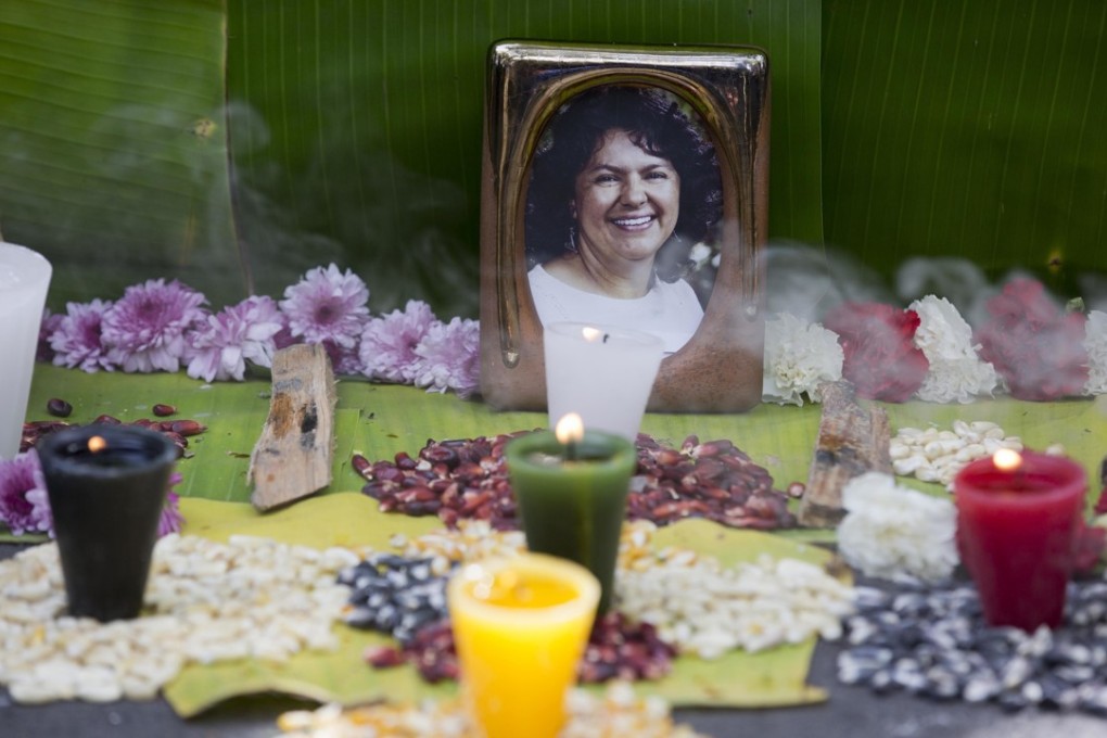 File photo of a picture of Berta Caceres, a Lenca Indian activist who won the 2015 Goldman Environmental Prize for her role in fighting a dam project. She was shot dead by two men on March 3. Photo: AP