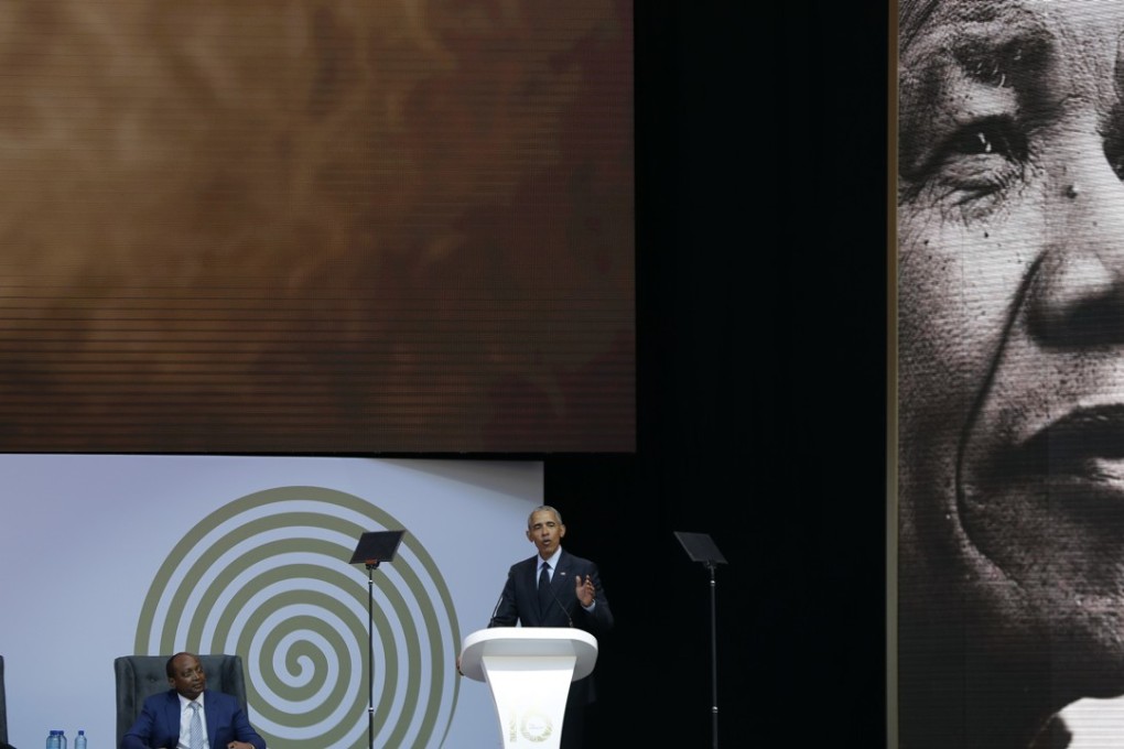 Former US President Barack Obama delivers the 16th Annual Nelson Mandela Lecture, at the Wanderers Stadium in Johannesburg, South Africa, on July 17. In his highest-profile speech since leaving office, Obama urged people around the world to respect human rights and other values under threat, in an address marking the 100th anniversary of anti-apartheid leader Mandela’s birth. Photo: AP