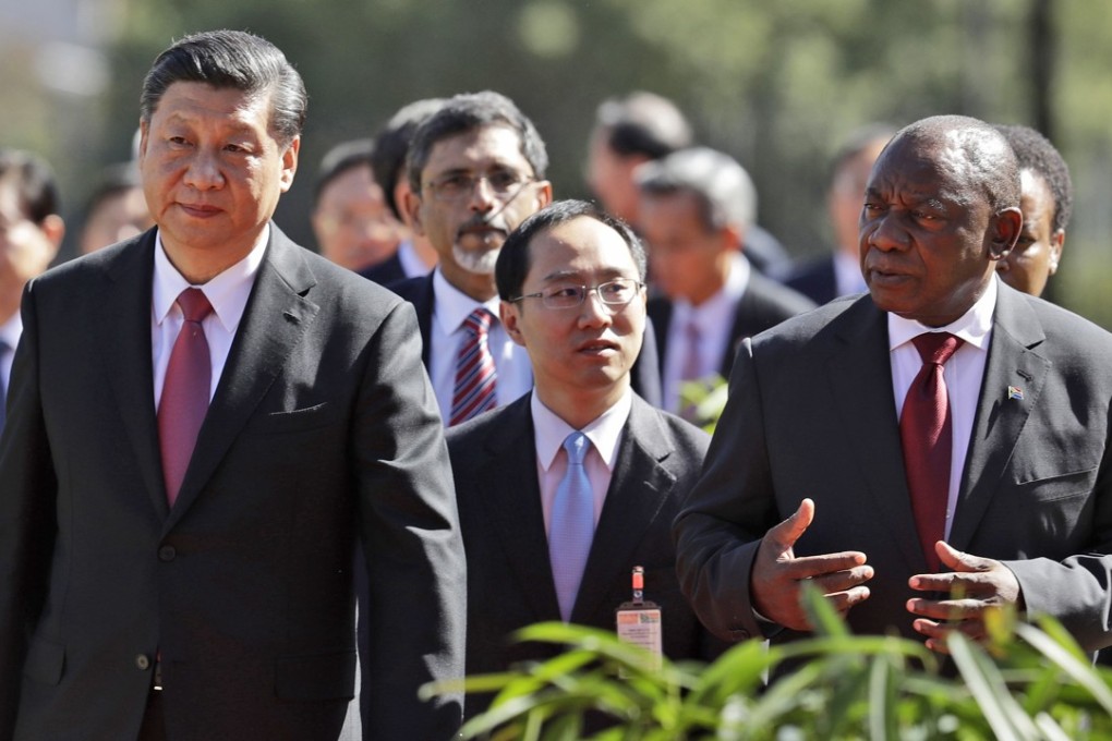 China’s President Xi Jinping (left) walks with South African President Cyril Ramaphosa after a joint press conference at the government’s Union Buildings in Pretoria, South Africa, on July 24. Xi is in the country to attend the three-day BRICS Summit in Johannesburg. Photo: AP