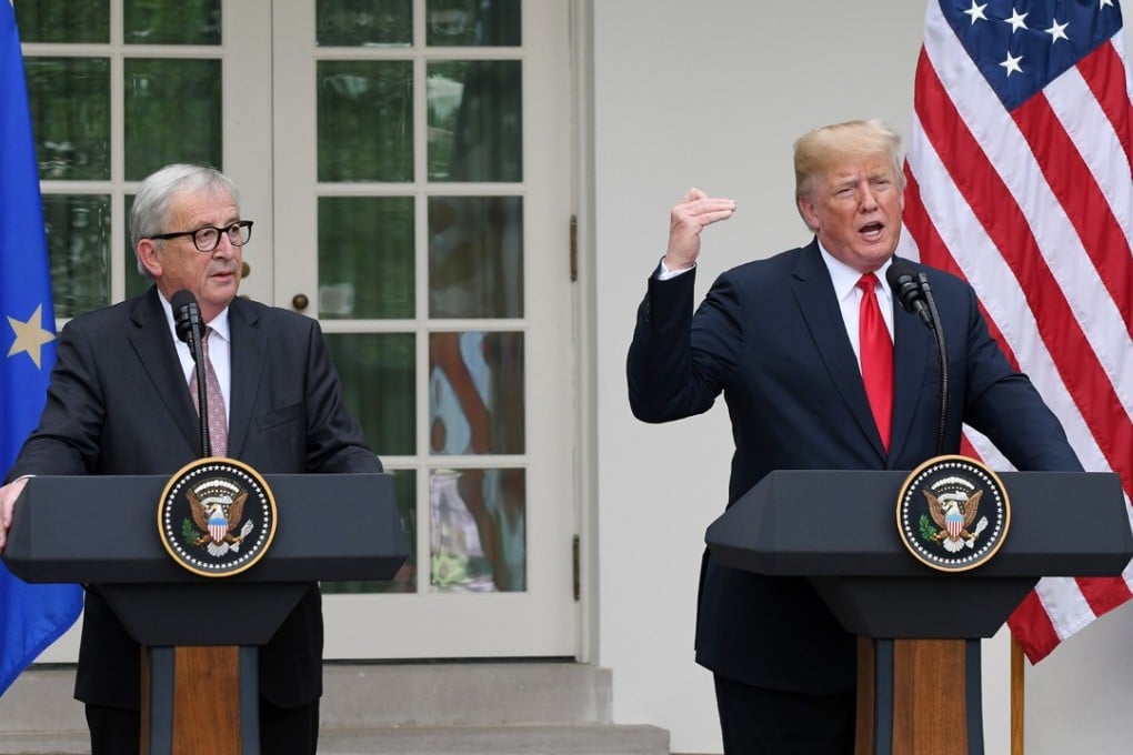 US President Donald Trump speaks as European Commission President Jean-Claude Juncker looks on during a press conference at the White House on Wednesday. Photo: Abaca Press via TNS