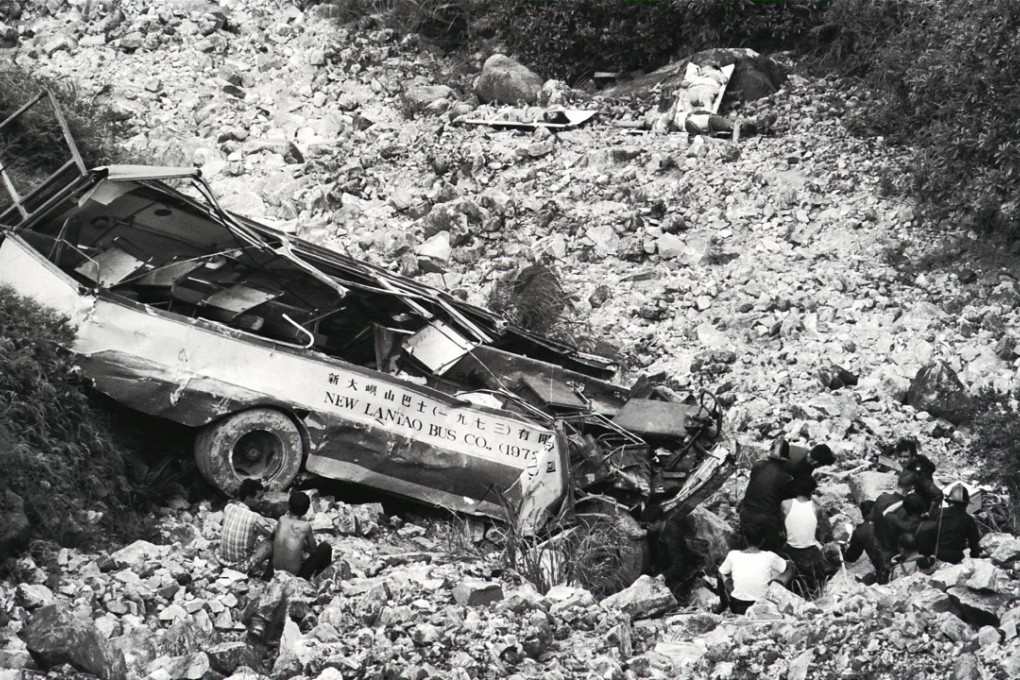 Wreckage of the bus that killed 17 when it “somersaulted 300 ft down a cliff” on Hong Kong’s Lantau Island. Picture: SCMP