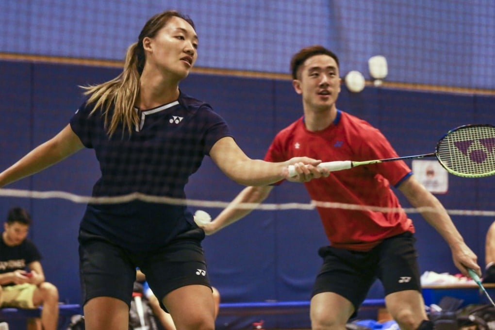 Tse Ying-suet (left) and Tang Chun-man play a rally as the Hong Kong badminton team meets the media at the Hong Kong Sports Institute in Fo Tan. Photos: Xiaomei Chen