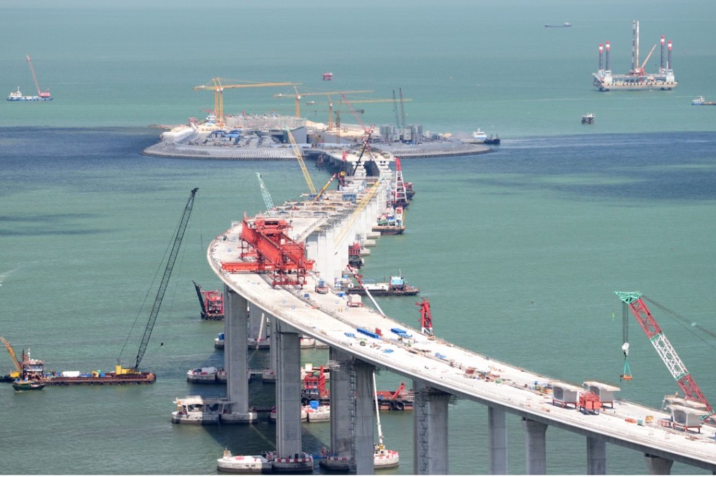 The Hong Kong-Zhuhai-Macau bridge, then still under construction in the waters off Lantau Island, in July 2017. The bridge, which passes through the habitat of the Chinese white dolphin, will be opened to traffic later this year. Photo: Xinhua