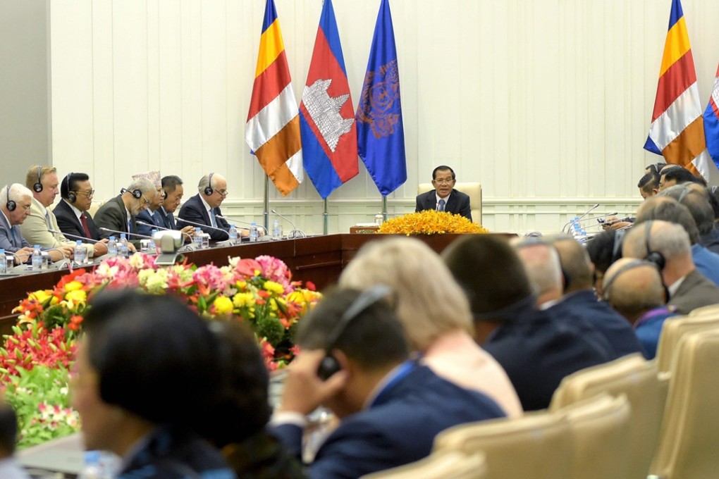 Cambodia’s Prime Minister Hun Sen at a meeting with international observers at the Peace Palace in Phnom Penh on July 28, 2018. Photo: AFP
