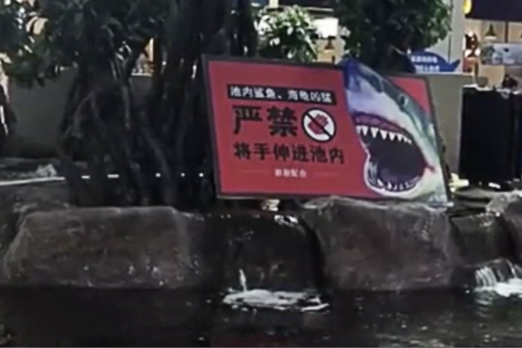 A warning sign is seen at the open-top aquarium at a Guiyang shopping mall. Photo: hd.stheadline.com