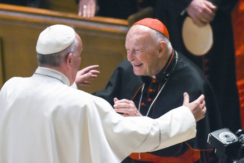 Pope Francis, left. greeting Cardinal Archbishop emeritus Theodore McCarrick in Washington in 2015. The pope accepted McCarrick’s resignation from the College of Cardinals on Saturday after allegations of sexual abuse against the prelate. Photo: Washington Post via AP