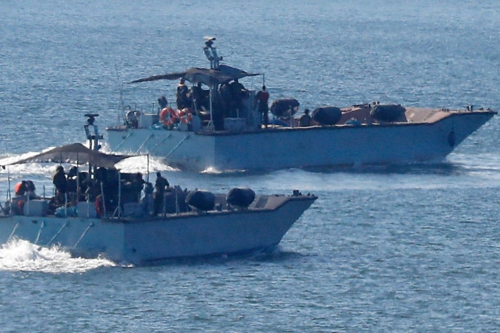 Israeli navy ships manoeuvre at the military port of Ashdod, southern Israel, on Sunday. Israel's navy on Sunday intercepted a Norwegian-flagged activist boat trying to break its more than decade-long blockade of the Gaza Strip. Photo: Agence France-Presse