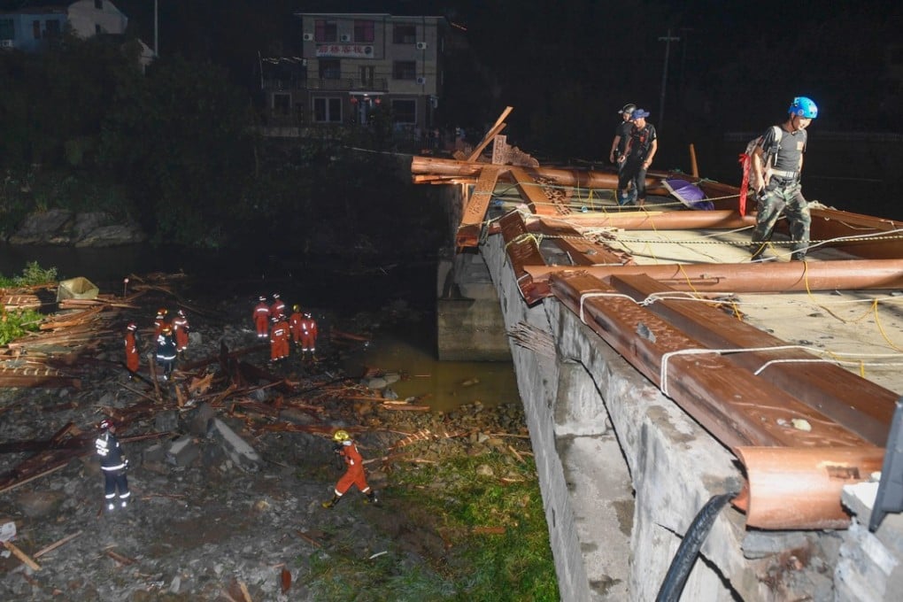Rescuers search the site where a wooden cover collapsed on a footbridge in the village of Hezuo, eastern China. Photo: Xinhua