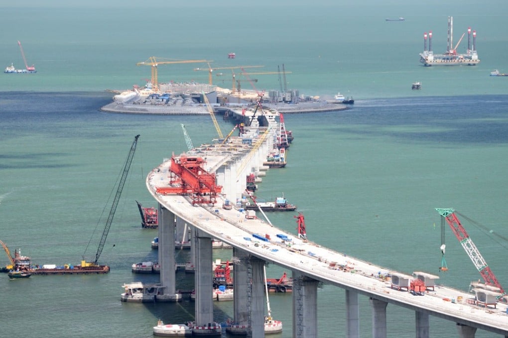 Construction takes place on the bridge project linking Hong Kong to Zhuhai and Macau. Photo: Xinhua