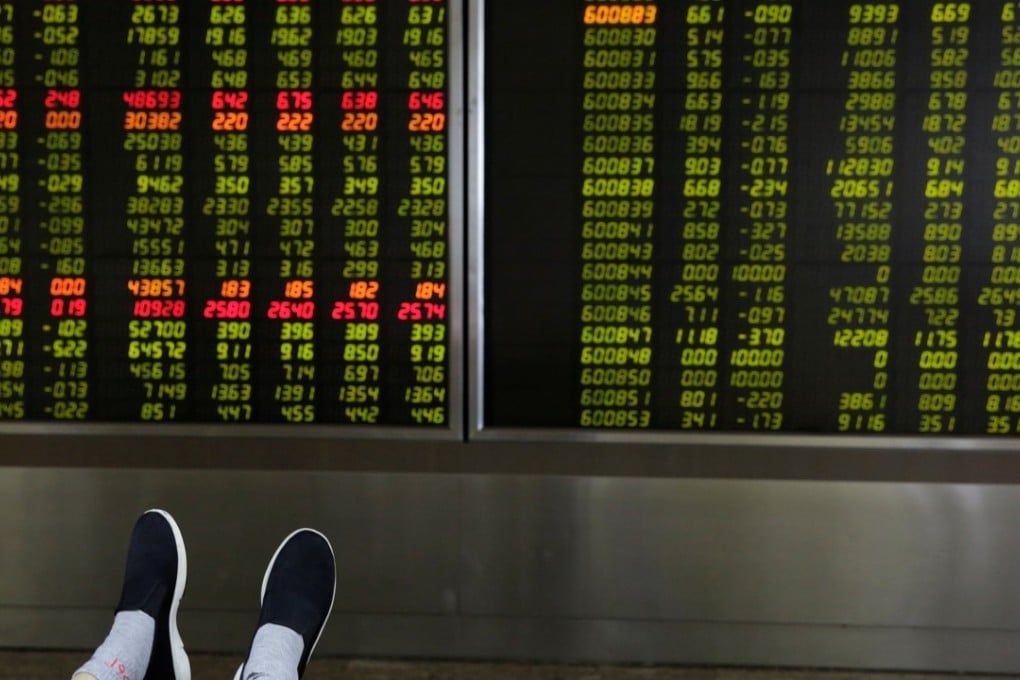 An investor at a brokerage in Beijing on July 6, 2018. Contrary to worldwide conventions, China’s stock exchanges and brokers denote advances and gains in red, and use the green colour to illustrate losses and declines. Photo: REUTERS/Jason Lee