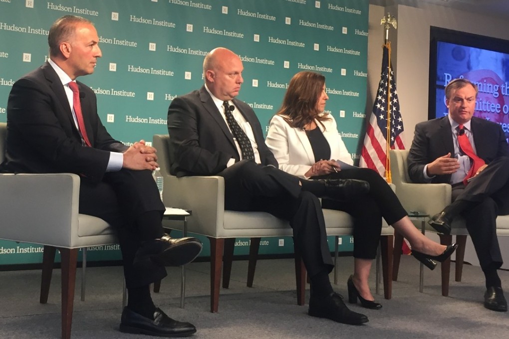 From left, Mario Mancuso, Derek Scissors, Nancy McLernon and Michael Allen on Tuesday at the Hudson Institute, discussing the Committee on Foreign Investment in the United States. Photo: Jodi Xu Klein/SCMP