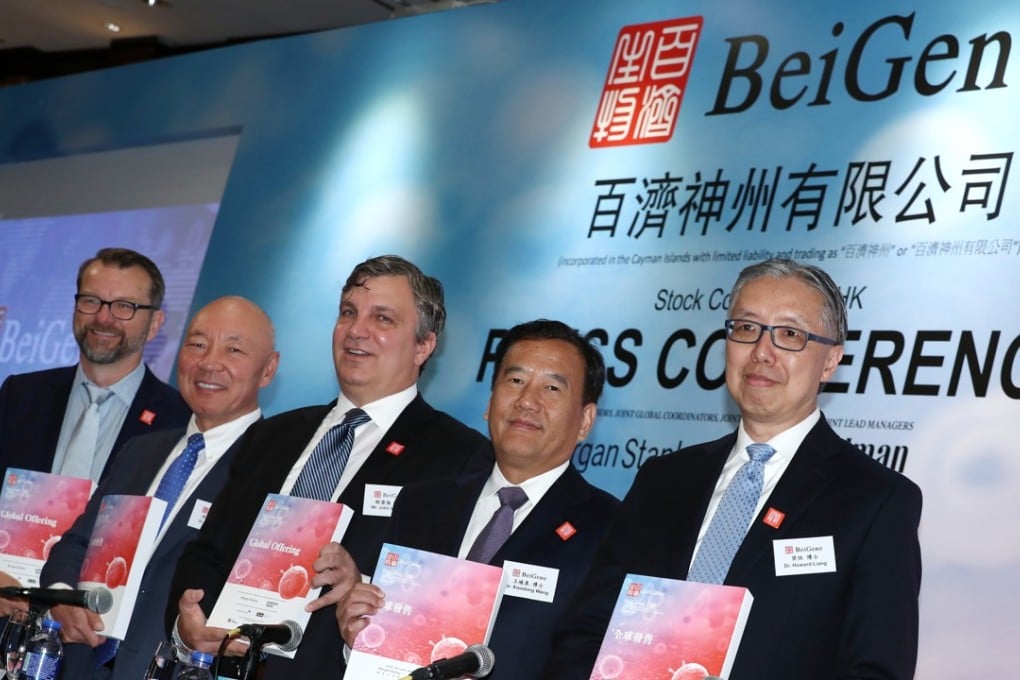(From left) BeiGene’s chief adviser Eric Hedrick, president Wu Xiaobin, founder and CEO John Oyler, co-founder and chairman of scientific advisory board Wang Xiaodong and CFO Howard Liang, attend the BeiGene IPO press conference in Hong Kong on July 29, 2018. Photo: Nora Tam