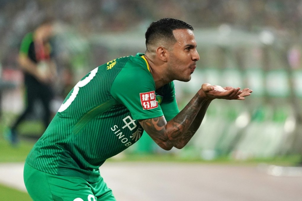 Beijing Gouan’s Jonathan Viera celebrates during his team’s big win over Hebei China Fortune. Photos: Xinhua