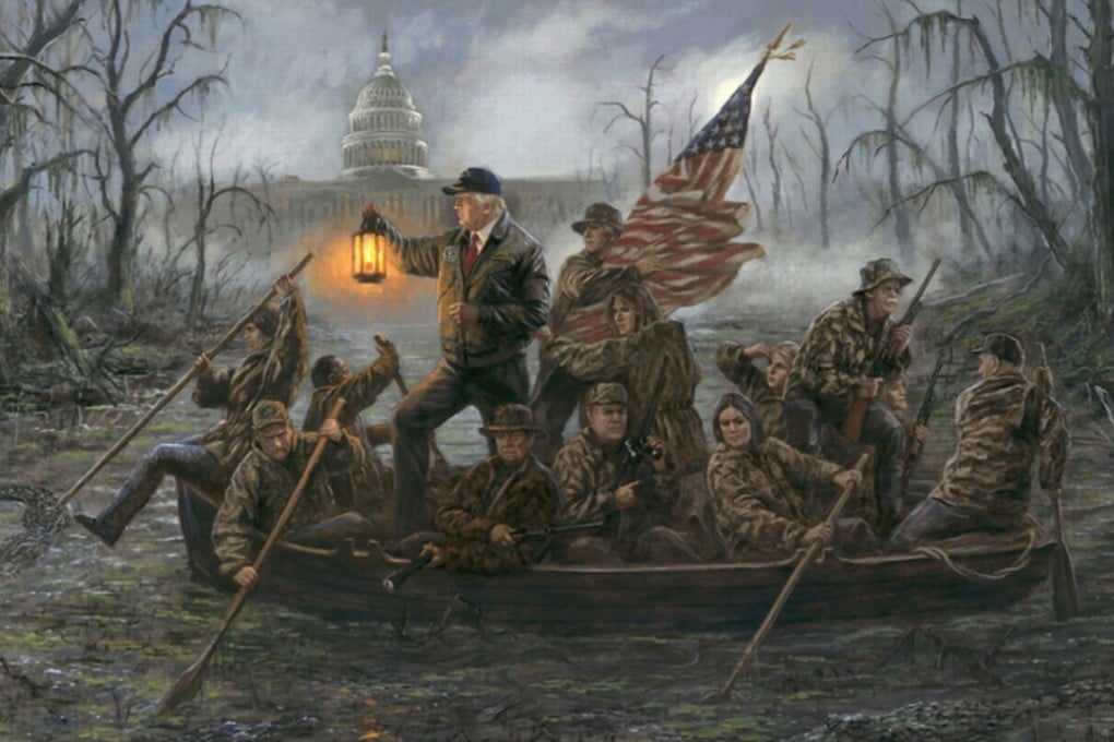 Artist Jon McNaughton released his new 'Crossing the Swamp' painting on Tuesday. Pictured are (left to right): Nikki Haley, James Mattis, Ben Carson, President Trump, Jeff Sessions, Mike Pence, Melania Trump, Mike Pompeo, Sarah Huckabee Sanders, Ivanka Trump, John Bolton, Kellyanne Conway and John Kelly. Picture courtesy Jon McNaughton