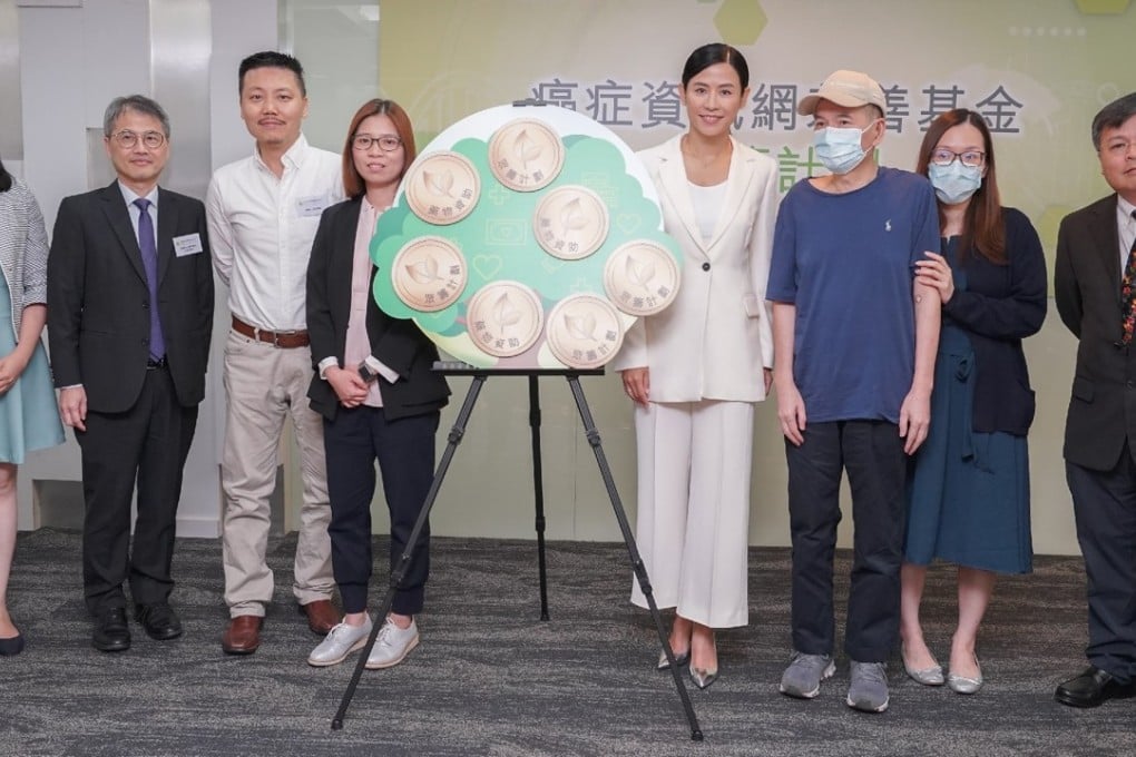 (From left) Foundation consultants Dr Hilda Wong and Dr Stephen Yau; Cancerinformation.com.hk Charity Foundation founder Alan Ng; foundation chairman Natalie Fong; immunotherapy public education ambassador and actress Jessica Hsuan; cancer patient Chan and his daughter Doris; and foundation consultant Dr Sze Wing-kin. Photo: Handout