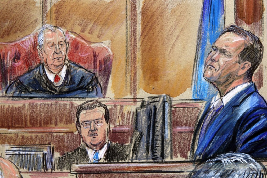 This courtroom sketch depicts Rick Gates on the witness stand as he is cross examined by defence lawyer Kevin Downing during the trial of former Donald Trump campaign chairman Paul Manafort on bank fraud and tax evasion at federal court in Alexandria, Virginia, on Tuesday. Artwork: Dana Verkouteren via AP