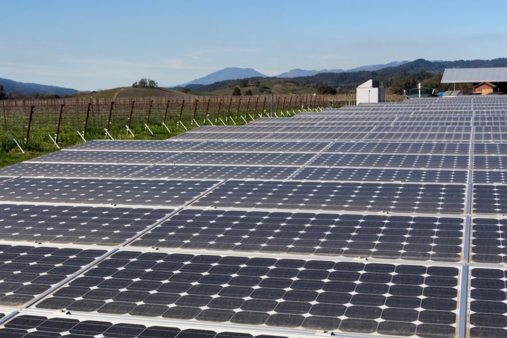 Solar panels generate green energy at the Frog's Leap Winery in Napa Valley in California. Photo: Alamy Stock Photo