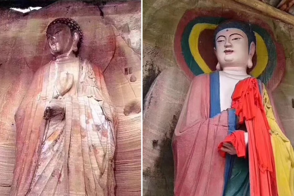 A botched restoration job that painted over Buddhist sculptures in Anyue township, Sichuan province, has drawn harsh criticism. Photo: ThePaper.cn