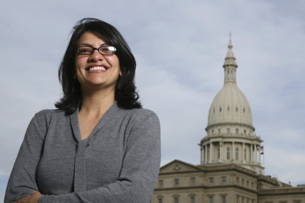 Rashida Tlaib outside the Michigan Capitol building in Lansing. She won the Democratic primary for a US House seat on Tuesday. Photo: AP