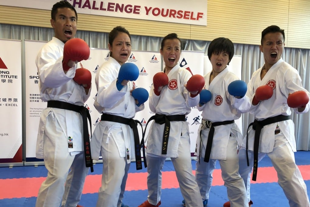Lee Ka-wai (left) leads the battle cry with Choi Wan-yu, Tsang Yee-ting, Ma Man-sum and Lee Chun-ho for the Jakarta Asian Games. Photo: Chan Kin-wa