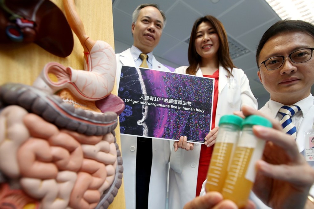 Professor Paul Chan Kay-sheung (left), professor Ng Siew-chien (centre), and professor Francis Chan, announce the opening of Asia’s first microbiota transplantation and research centre at Chinese University. Photo: Edward Wong