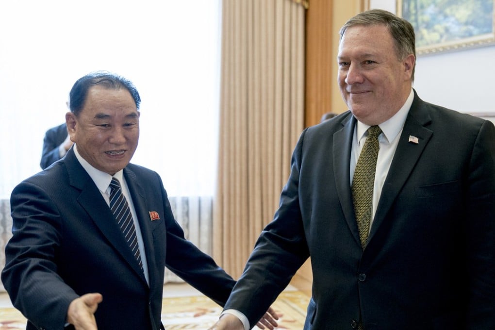 US Secretary of State Mike Pompeo, right, and Kim Yong-chol, the former North Korean intelligence chief and adviser to North Korean leader Kim Jong-un, meeting in Pyongyang on July 7, one of several negotiating sessions that have produced no timeline yet for North Korea’s denuclearisation. Photo: AP