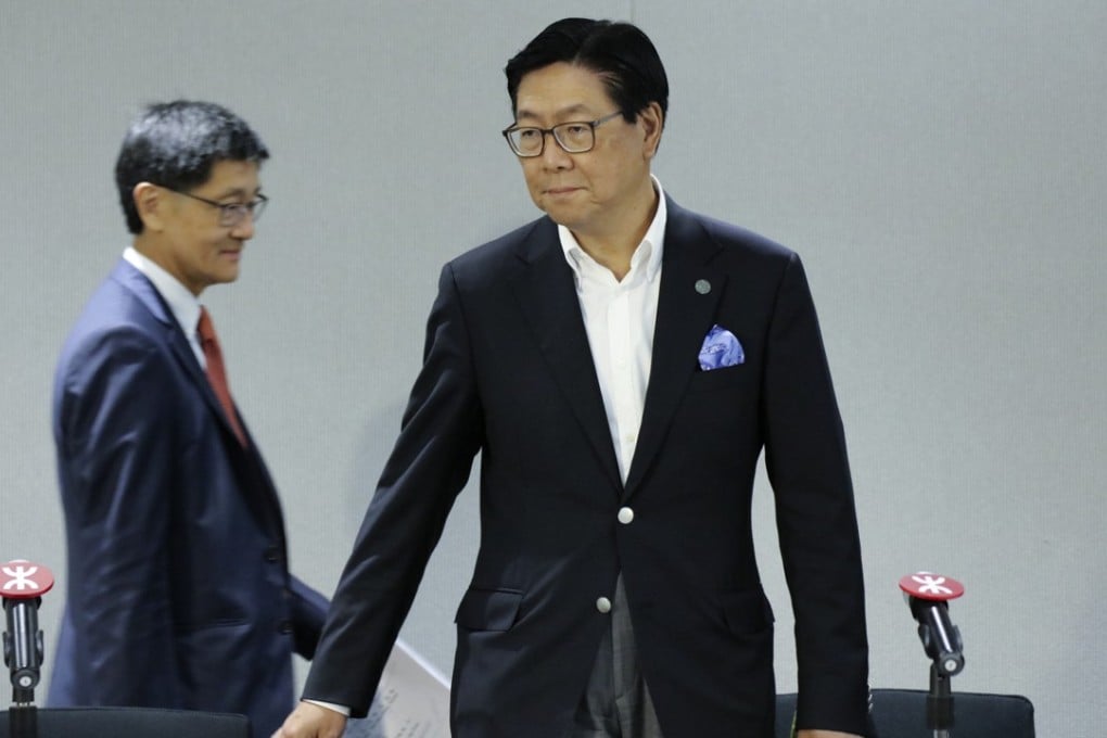 MTR chairman Frederick Ma, with CEO Lincoln Leong behind him as they announced a major management reshuffle. Photo: Felix Wong