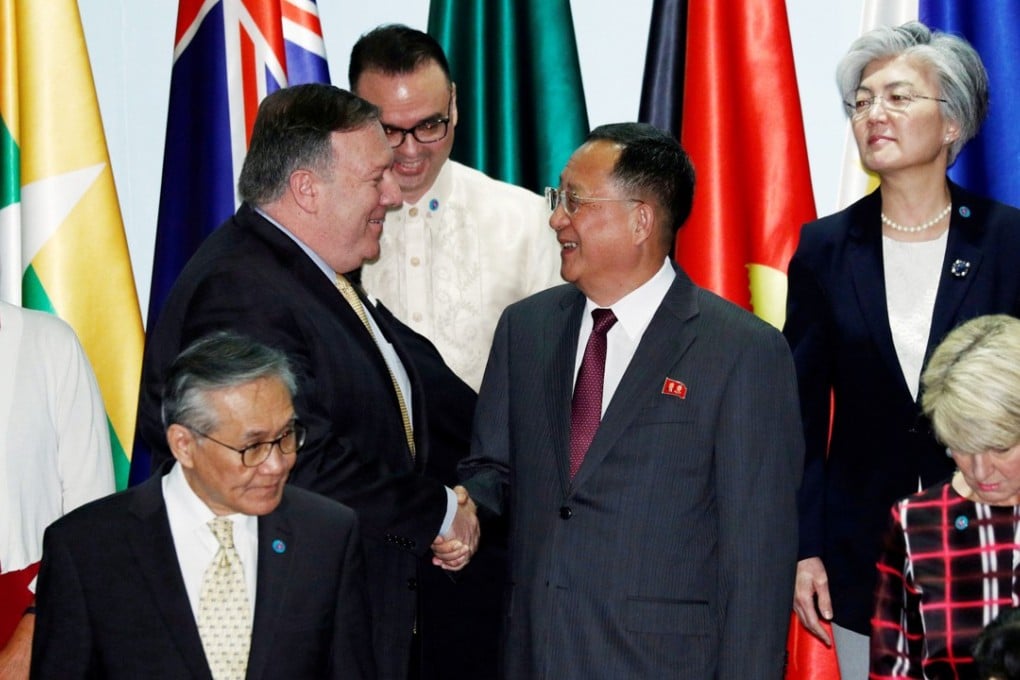 US Secretary of State Mike Pompeo shaking hands with North Korea’s Foreign Minister Ri Yong-ho at the Asean Regional Forum in Singapore on August 4. Photo: Reuters