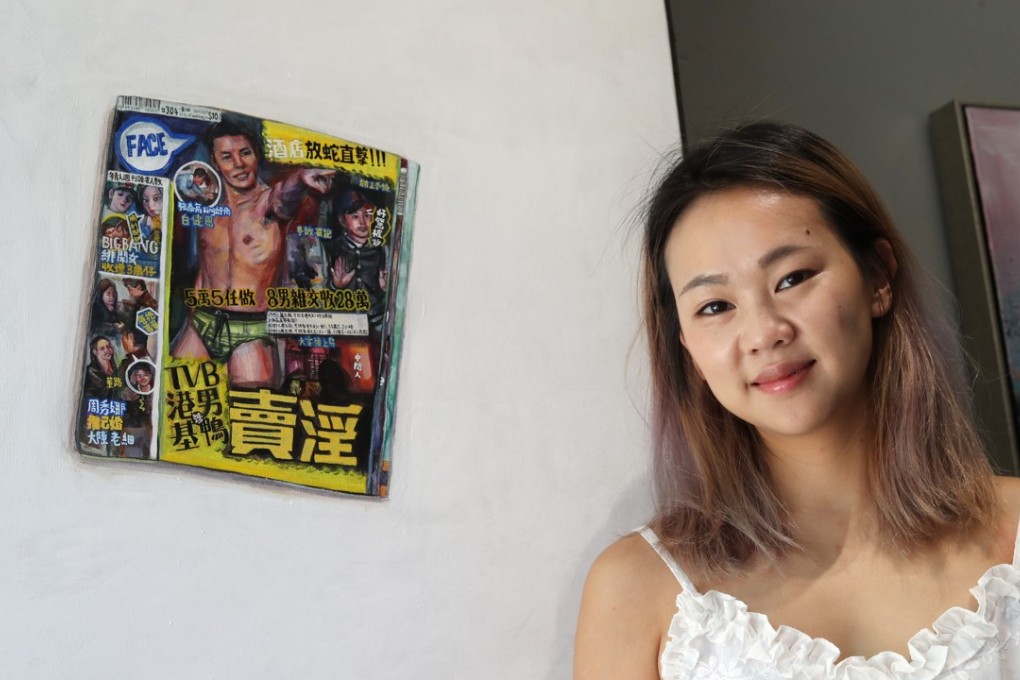 Hong Kong artist Vivian Ho with her artwork Gossip at the A2Z Gallery in Central. Photo: Winson Wong