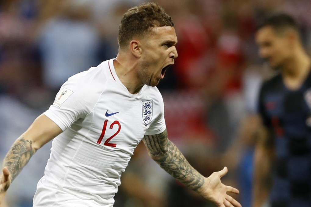 England’s Kieran Trippier celebrates after scoring again Croatia. Photo: AP