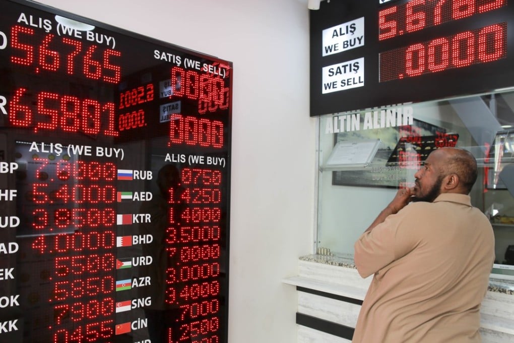 A man checking currency exchange rates in Ankara, Turkey, on Friday. The lira has lost 41 per cent of its value against the US dollar so far this year. Photo: AP