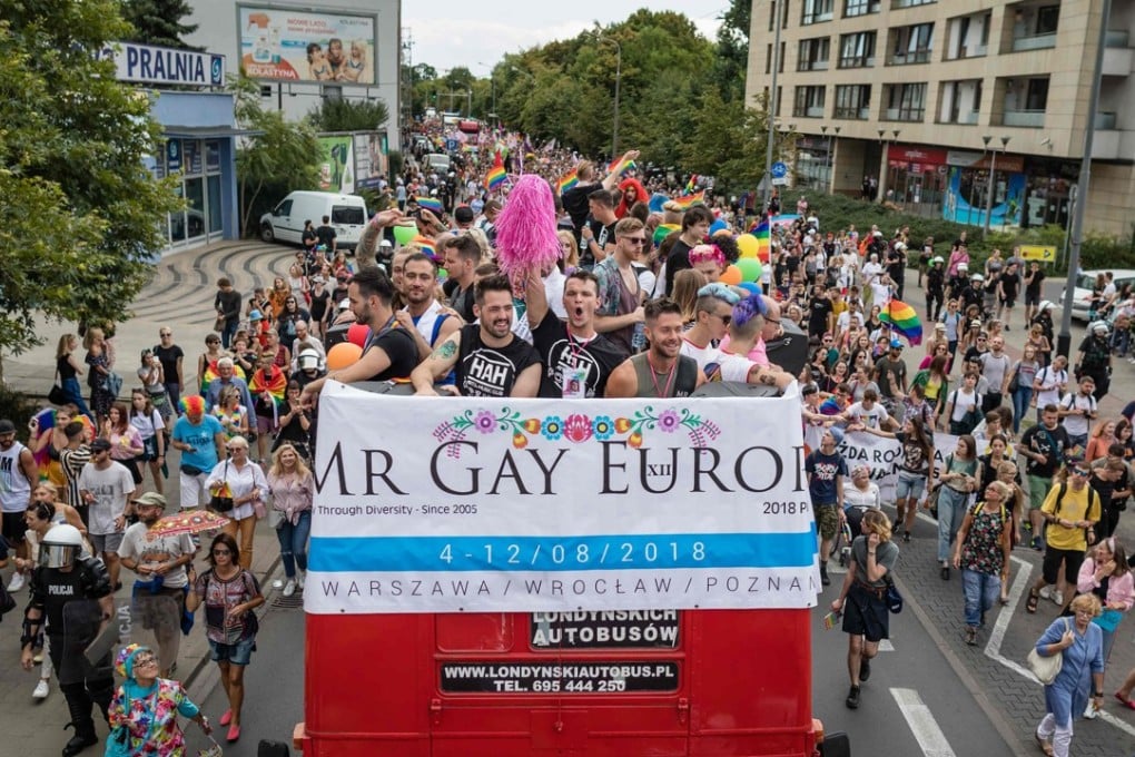 Contestant in Mister Gay Europe 2018 take part in a gay pride parade on the streets of Poznan on August 11, 2018. Photo: AFP