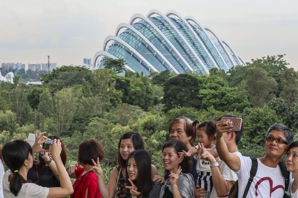 Tourists taking pictures and selfies of the Supertree Groves at Gardens by the Bay, a nature park in Singapore. Photo: SCMP
