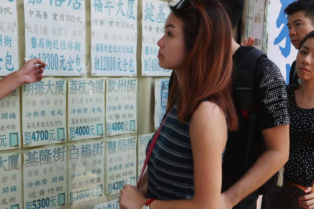 Adverts showing sub-divided flats for rent outside estate agents on Kweilin Street in Sham Shui Po. Photo: Nora Tam