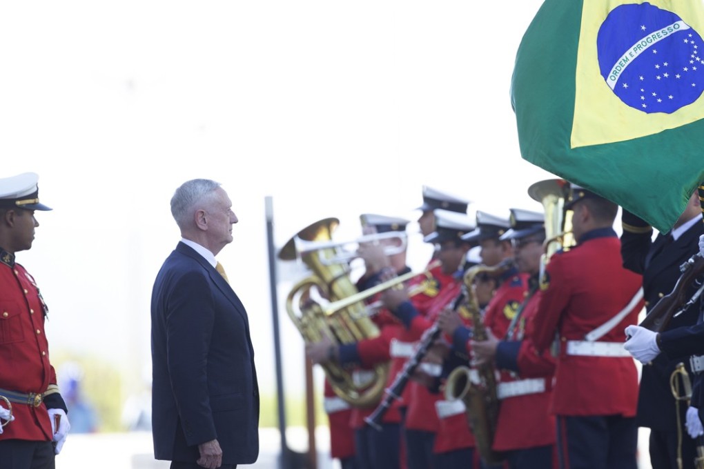 US Secretary of Defence James Mattis is welcomed with military honours at the Defence Ministry in Brasilia, Brazil, on Monday. Photo: EPA-EFE