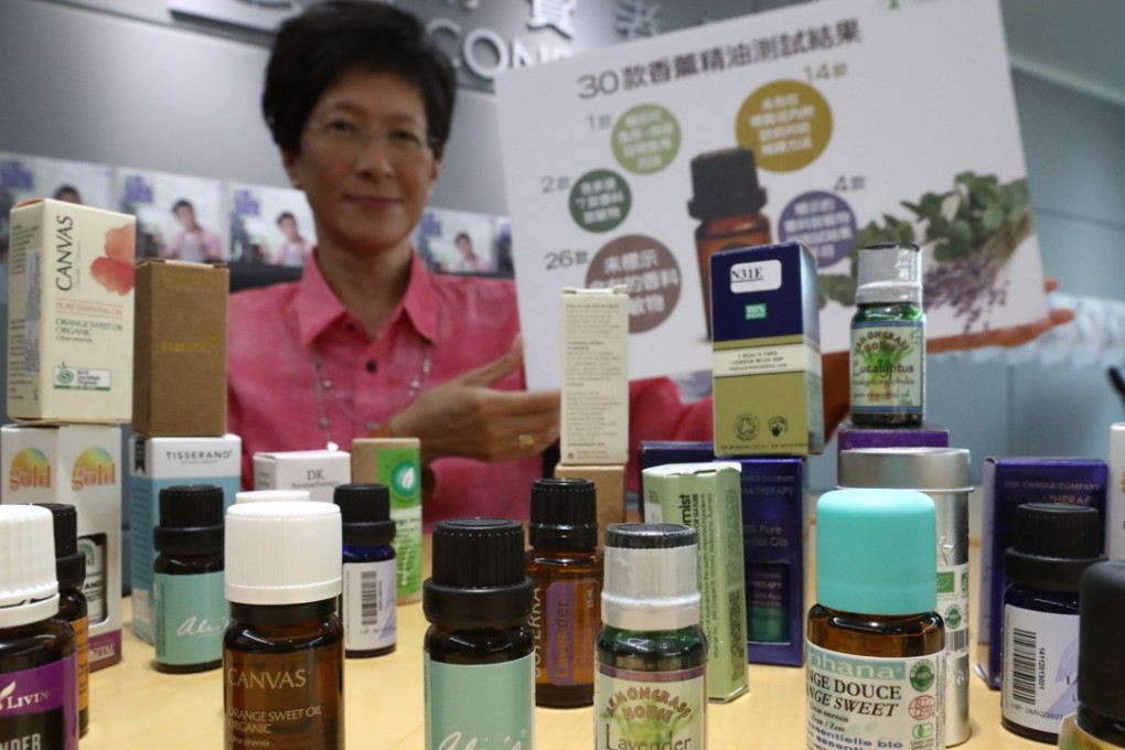 Dr Karen Shum, chairwoman of the Consumer Council’s research and testing committee, with some of the products tested. Photo: Nora Tam