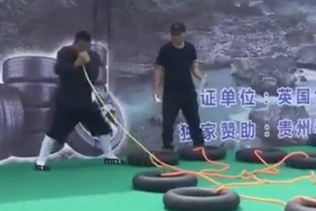 Tang Fehui performs his world record stunt at the Nanjing Grand Canyon competition on Sunday. Photo: Weibo