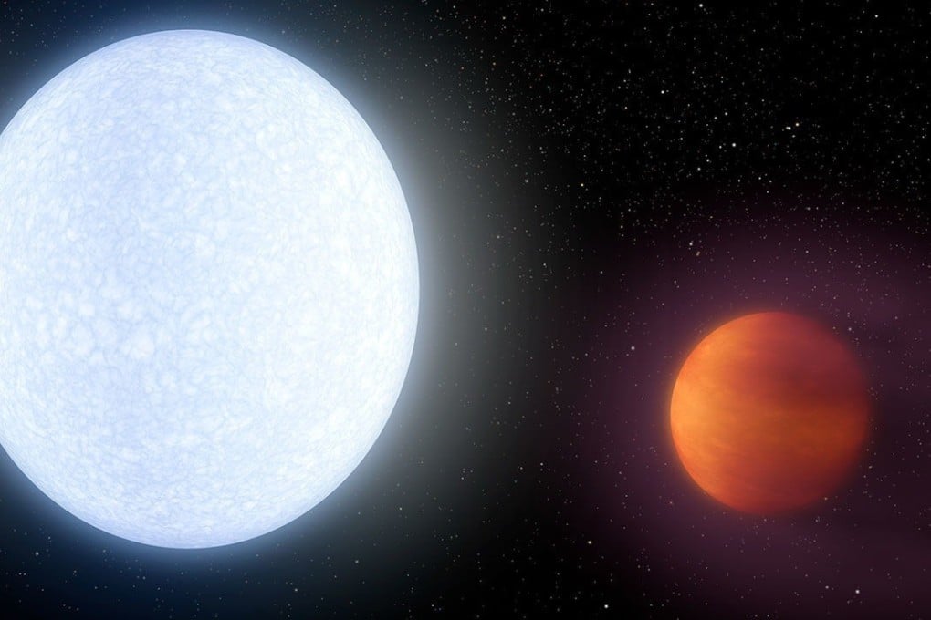 An artist's impression of the exoplanet Kelt-9B (right) and its star. Artwork: Nasa/JPL-Caltech/R. Hurt (IPAC)