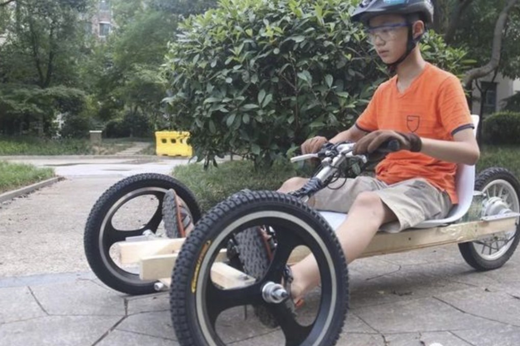 After spending a month building it, Xiao Zijin took his go-kart for a test drive in a Quzhou park this week. Photo: Weibo