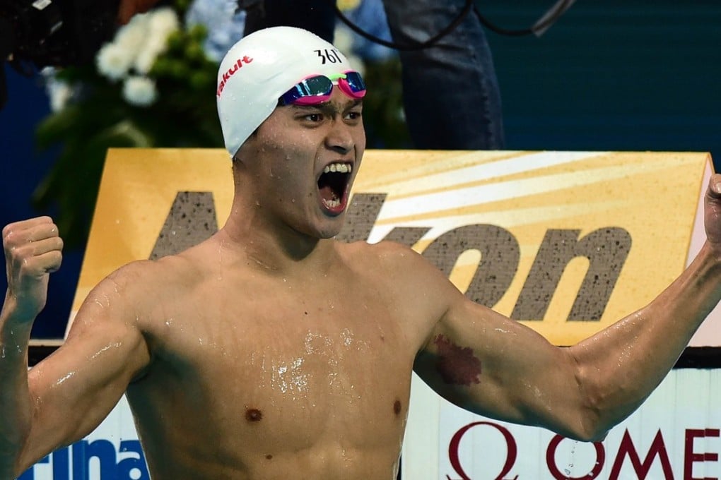 China's Sun Yang celebrates after winning the men's 400m freestyle final at the 2015 Fina World Championships in 2015. Photo: AFP