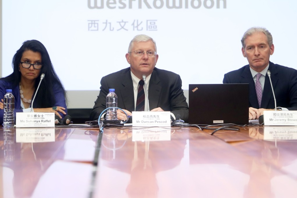 (Left to right) Suhanya Raffel, M+ executive director; Duncan Pescod, CEO of the West Kowloon Cultural District Authority; and Jeremy Stowe, project control director announce the termination of the contract with Hsin Chong Construction. Photo: Winson Wong