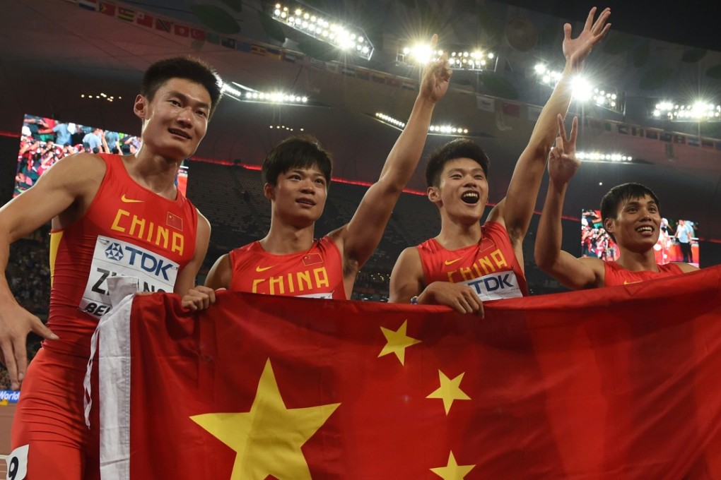 China’s Xie Zhenye (left) with his Asian champion 4x100m relay teammates at the 2015 IAAF World Championships. Photo: AFP