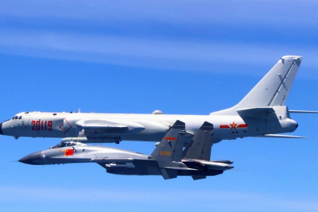 Chinese People's Liberation Army (PLA) air force planes, including a H-6K bomber (rear), conducts drills on April 26, 2018. he formation flew over the Miyako Strait and Bashi Channel. Photo: Xinhua