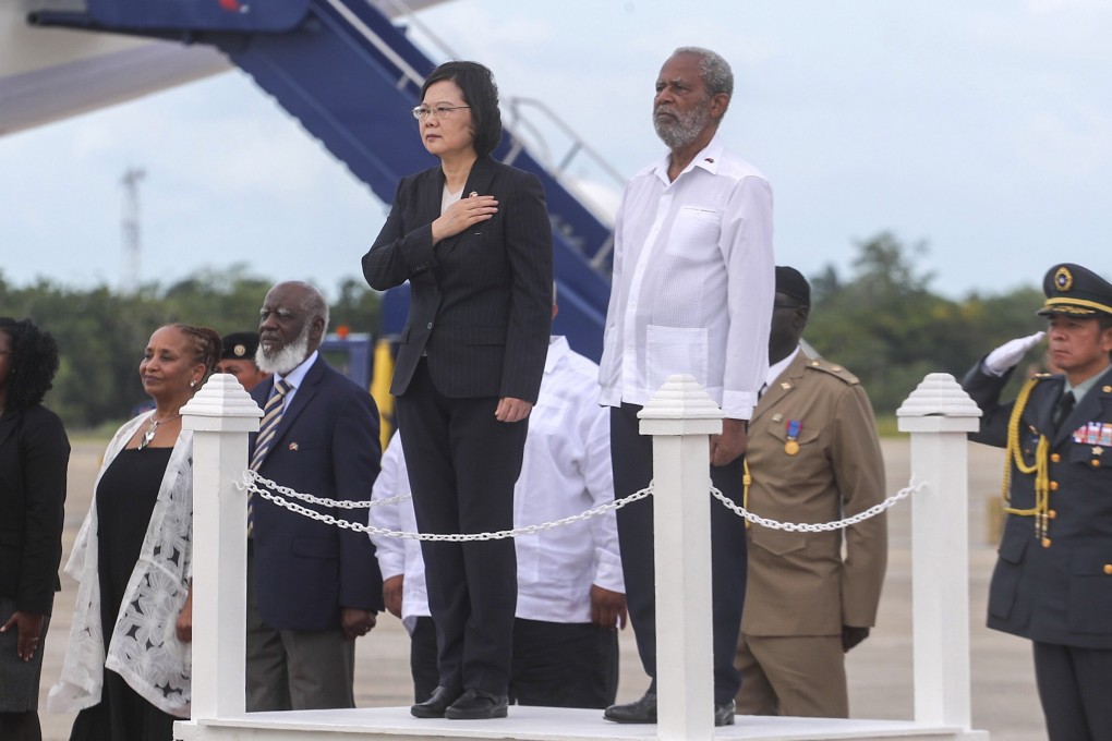 Taiwan’s President Tsai Ing-wen is greeted by the Governor-General of Belize Colville Young. Photo: CNA