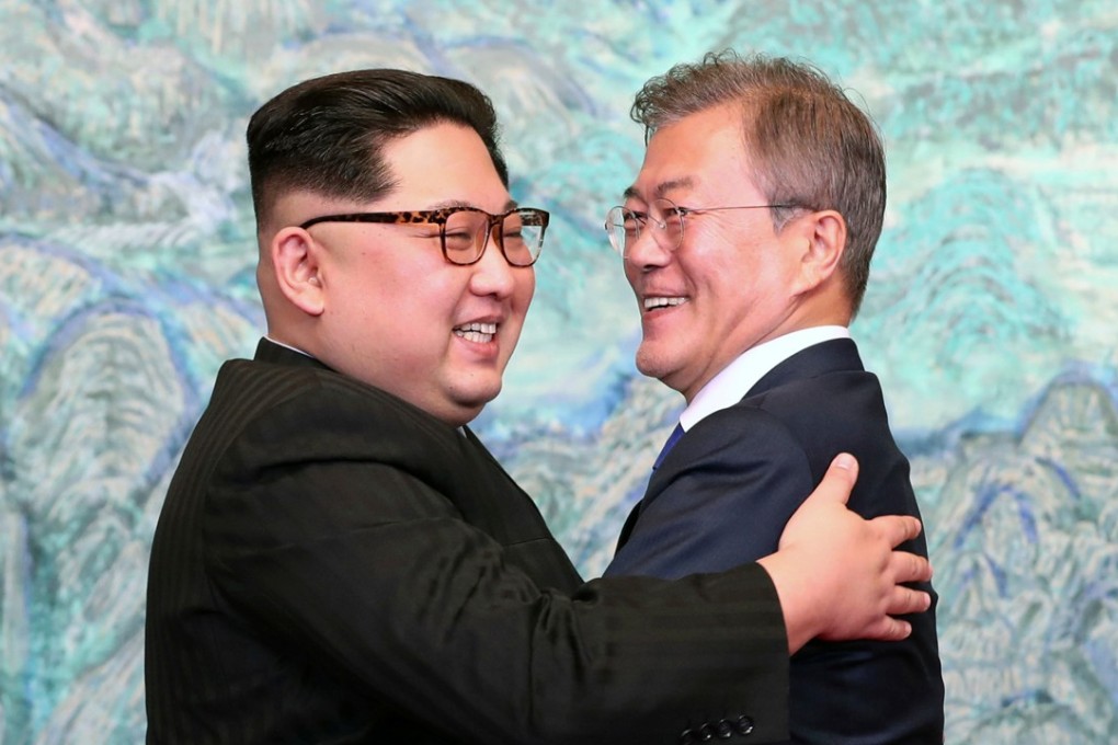 North Korean leader Kim Jong-un (left) and South Korean President Moon Jae-in embrace at the demilitarised zone in South Korea on April 27. Photo: AP