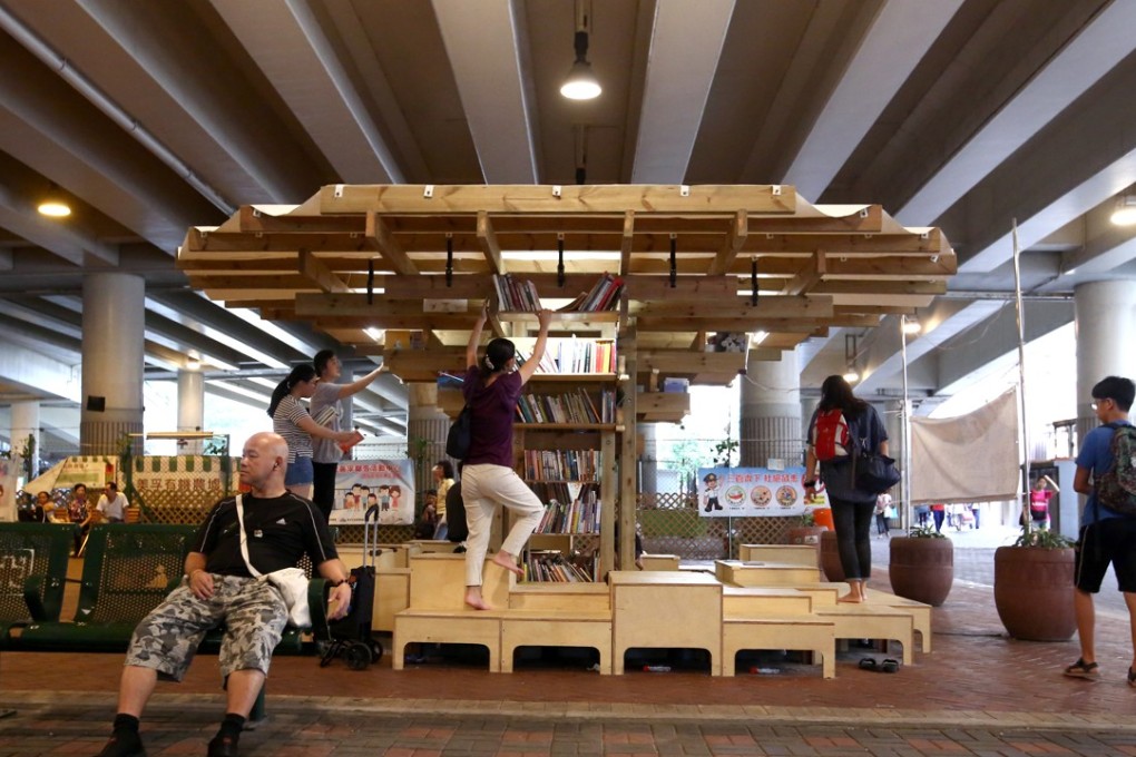 The ‘book tree’ installation is built under a flyover in Mei Foo, Kowloon. Photo: Edmond So