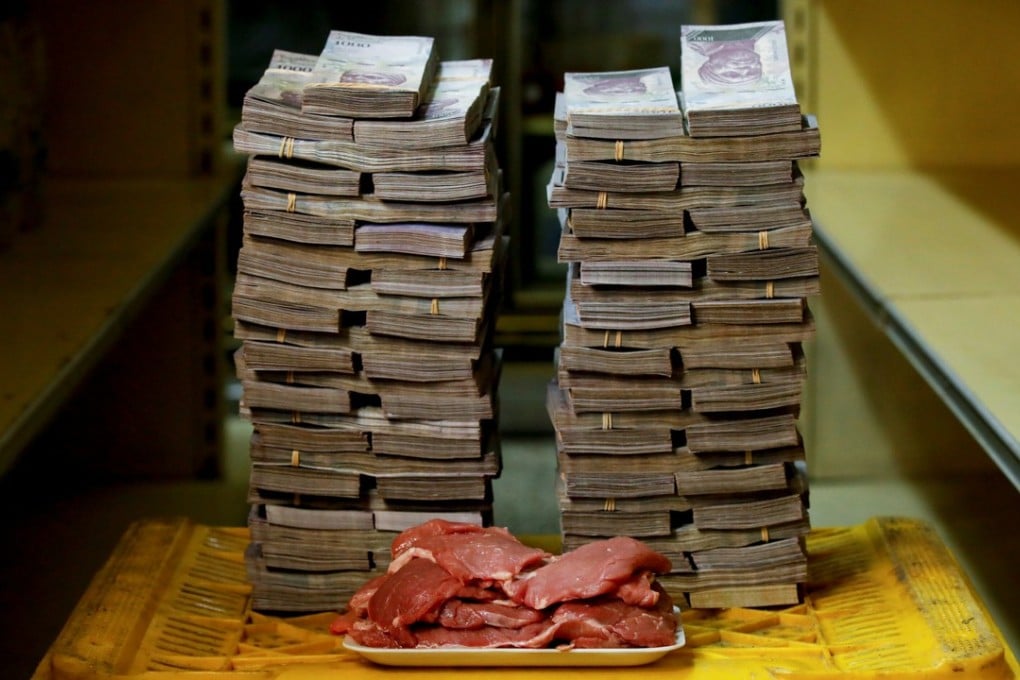 A kilogram of meat is pictured next to 9,500,000 bolívars. Photo: Reuters