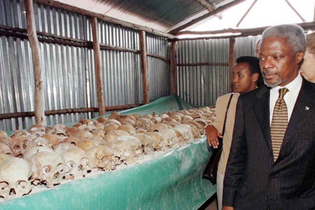 In 1998, then UN Secretary General Kofi Annan walked by skulls at the Mulire Genocide memorial in Rwanda. Annan, who died on Saturday, said the Rwandan genocide was “not something that you forget”. Photo: AFP